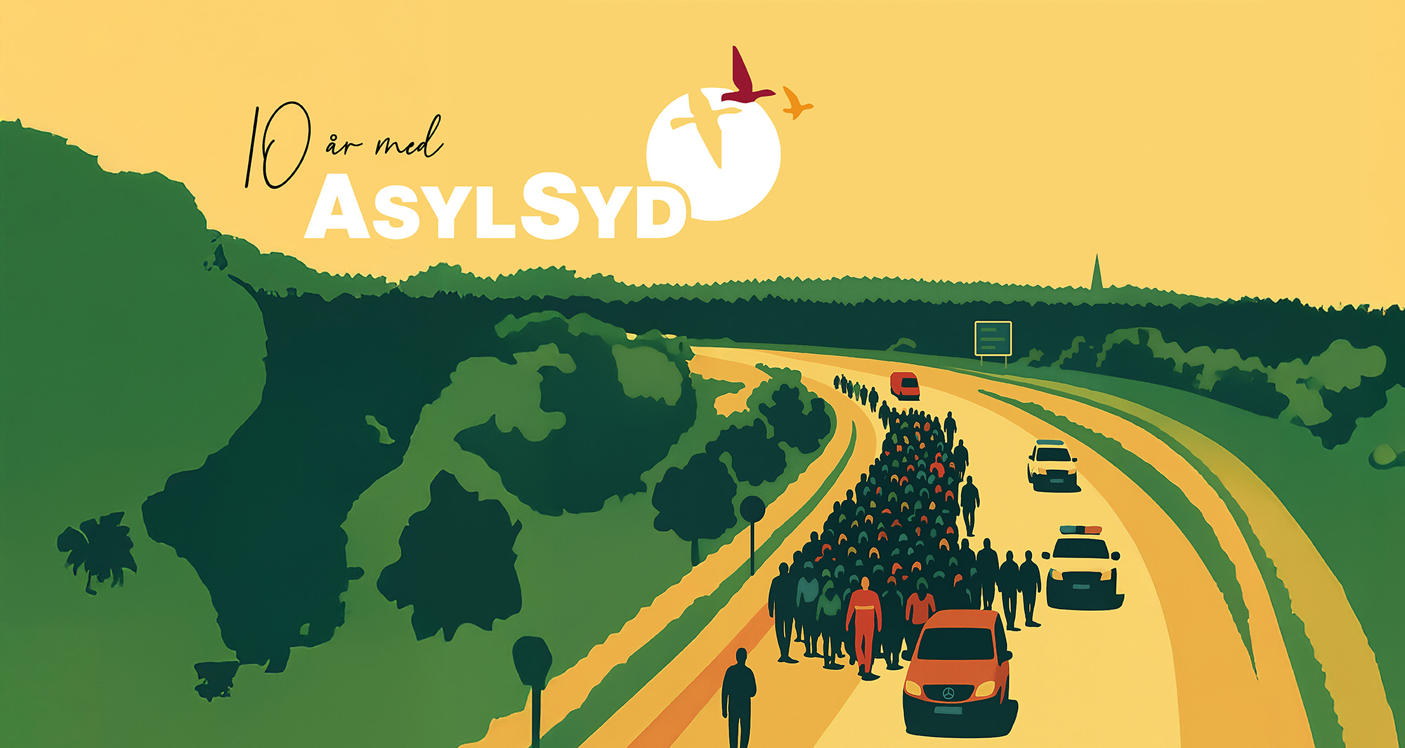 Forsiden af AsylSyds 10 års jubilæumsbog - flygtninge på E45