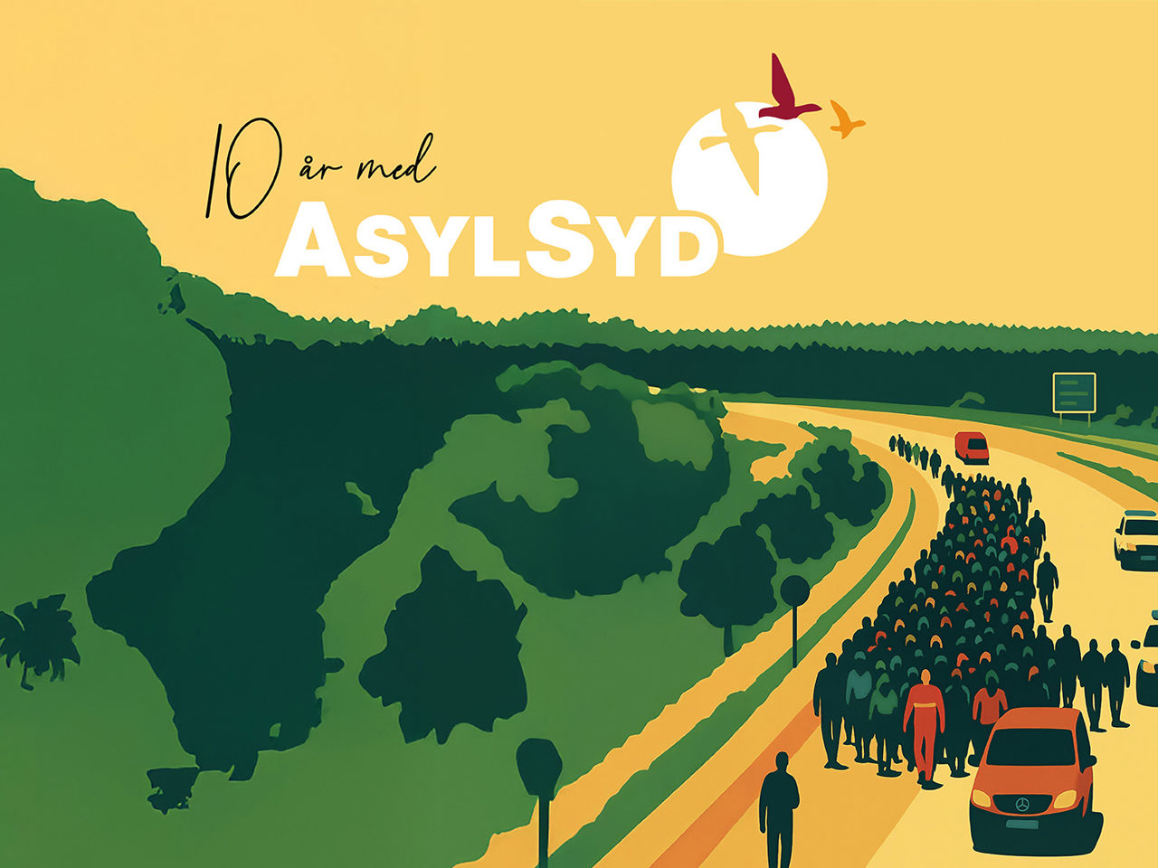 Forsiden af AsylSyds 10 års jubilæumsbog - flygtninge på E45