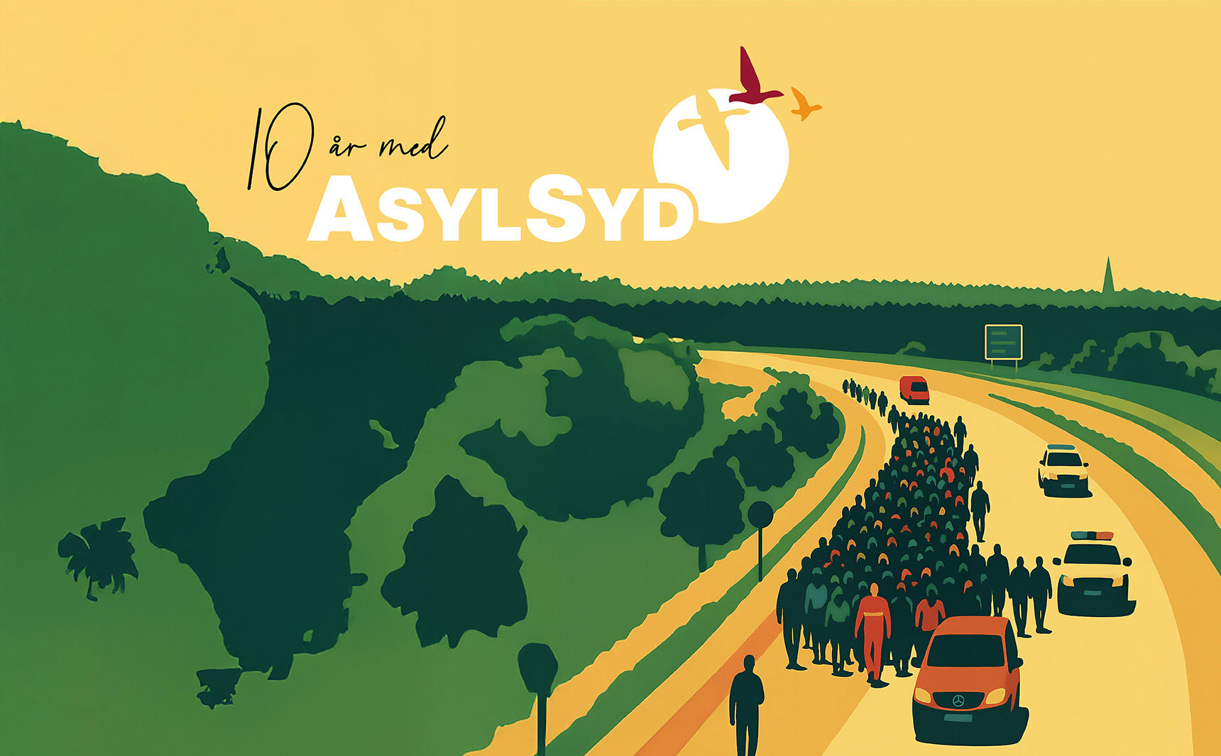 Forsiden af AsylSyds 10 års jubilæumsbog - flygtninge på E45