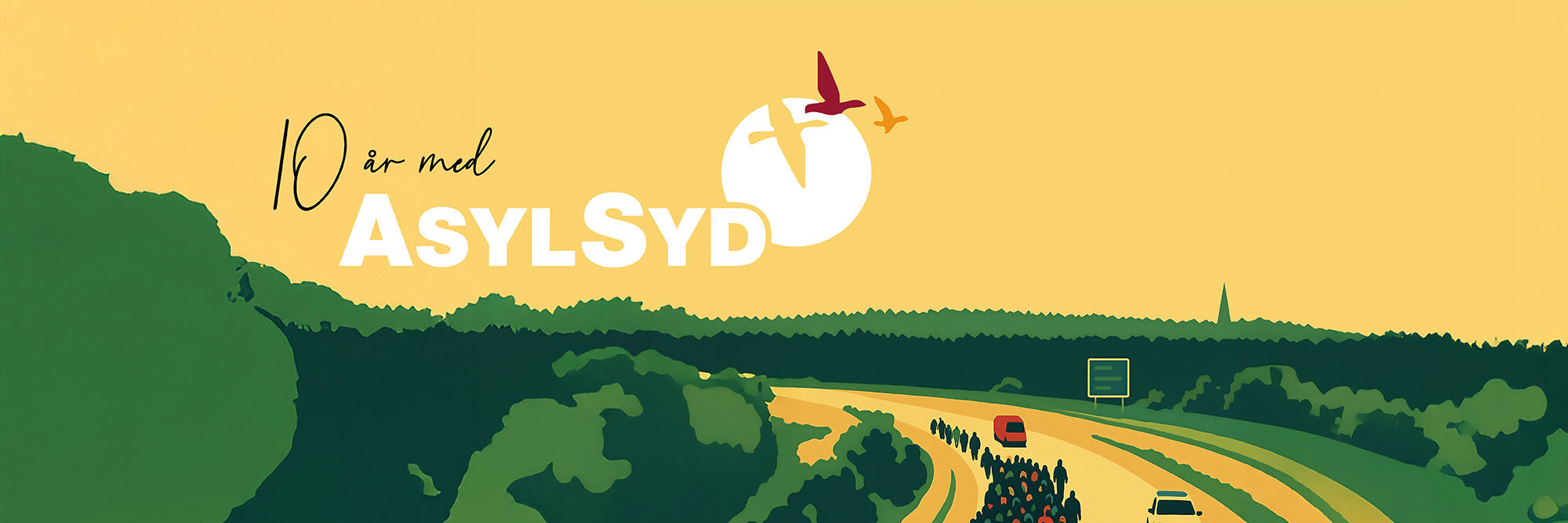 Forsiden af AsylSyds 10 års jubilæumsbog - flygtninge på E45